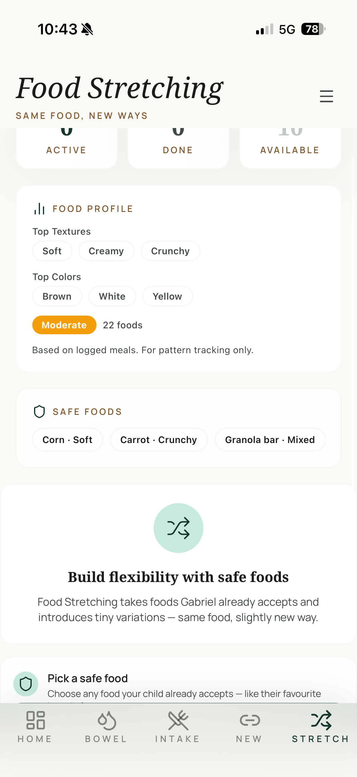 Tummii food stretching screen showing food profile with textures, colors, and safe foods