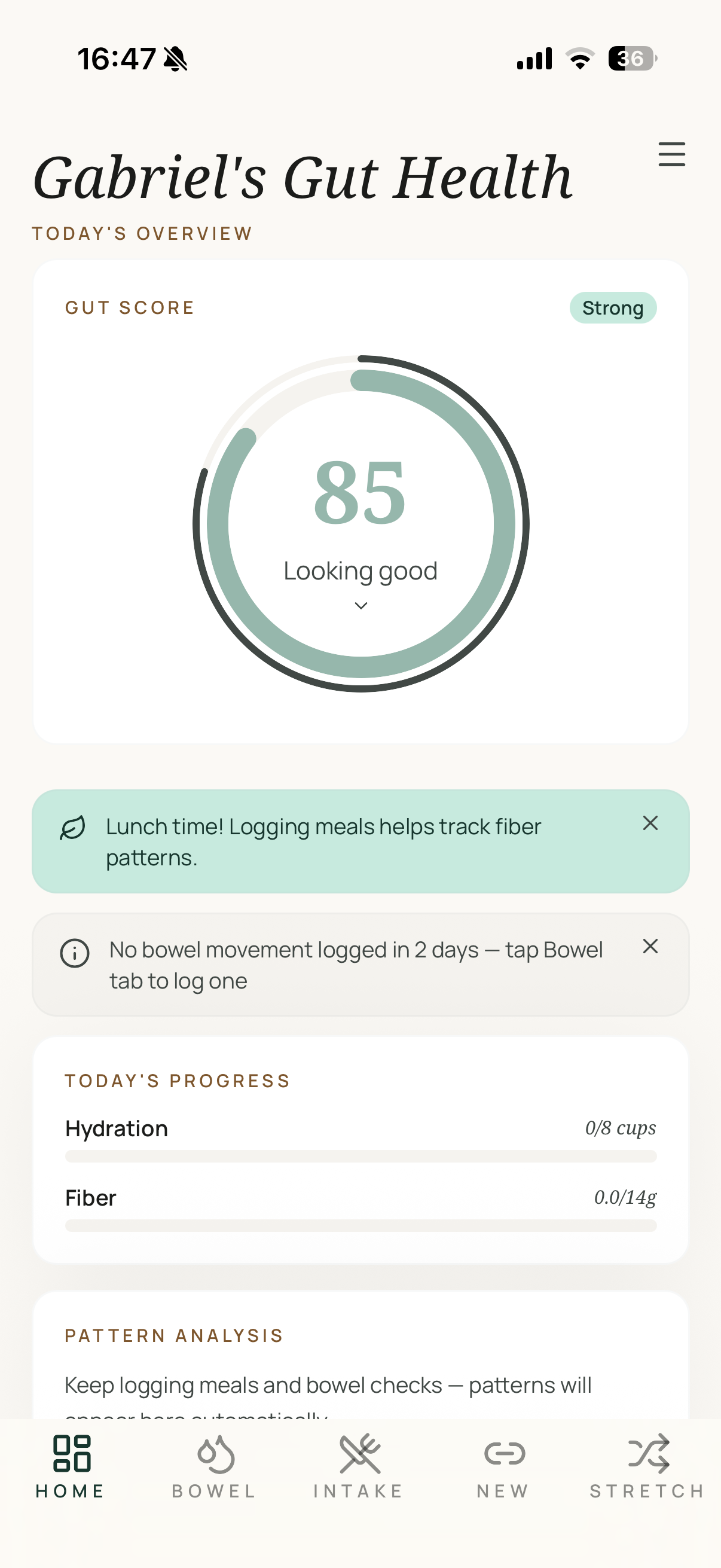 Tummii home dashboard with gut score 85, smart nudges, and daily progress