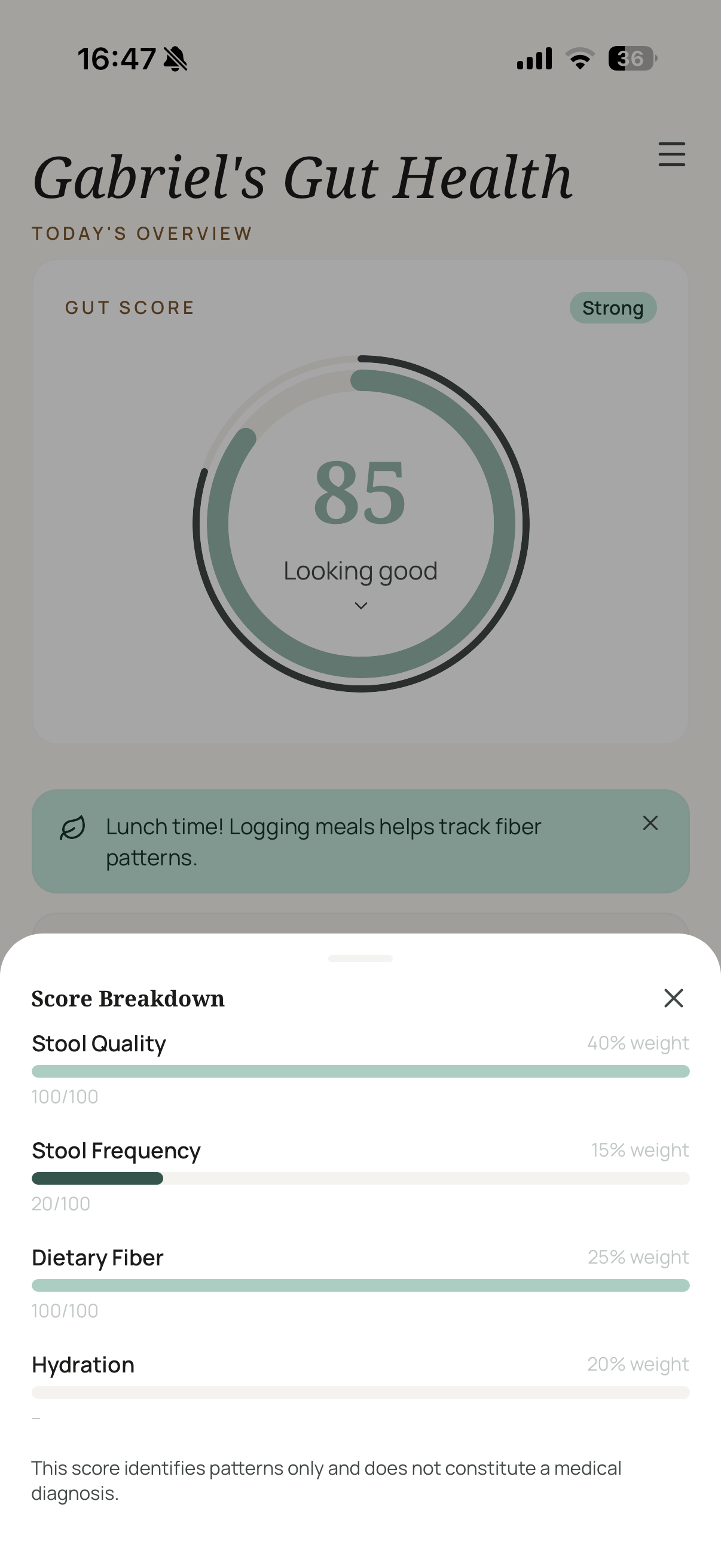 Score breakdown: stool quality, frequency, fiber, hydration with clinical weights