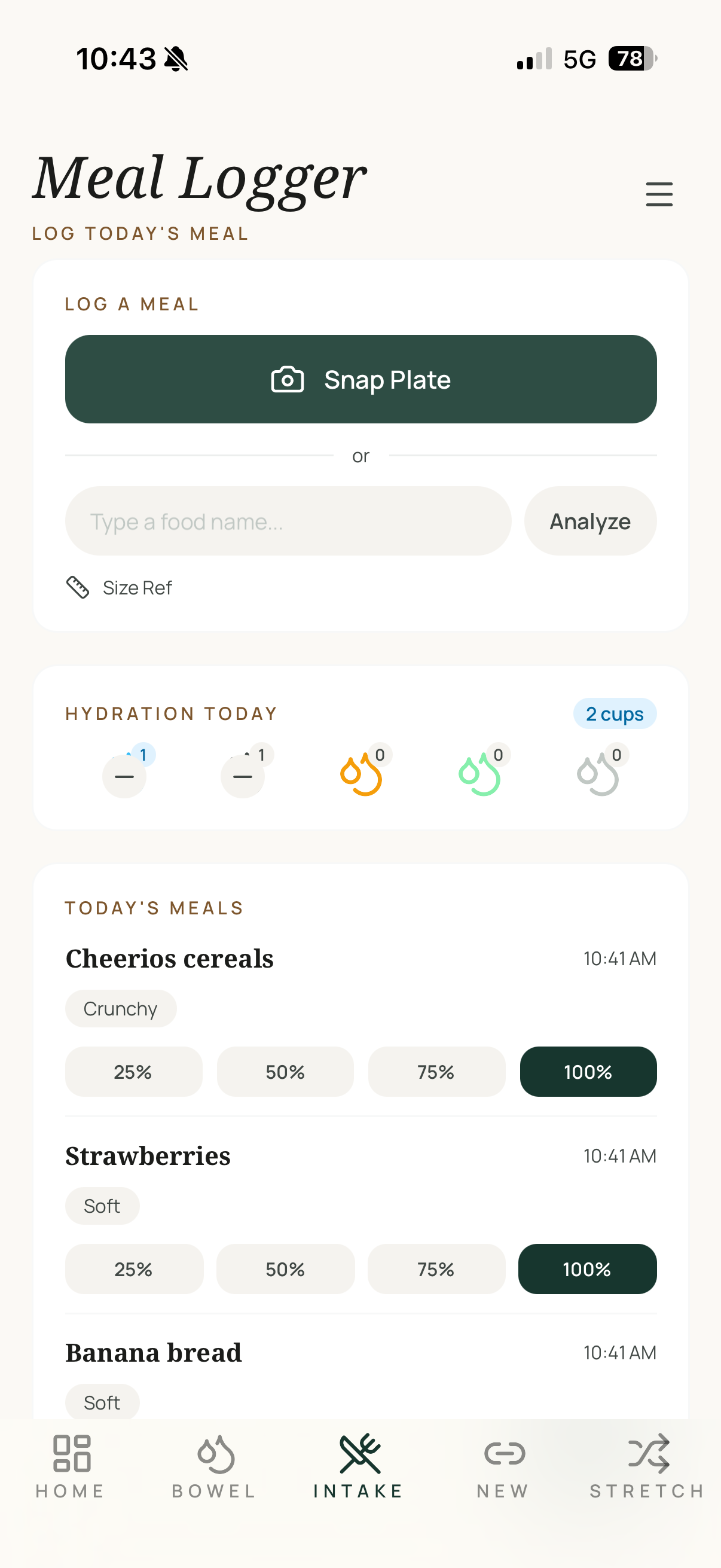 Tummii meal logger with Snap Plate camera, hydration tracking, and texture chips