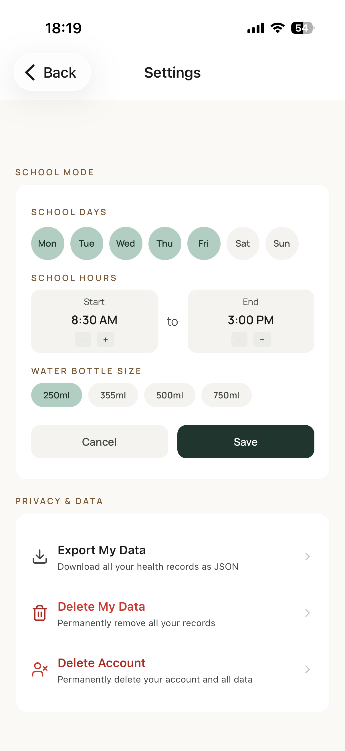 Tummii School Mode settings